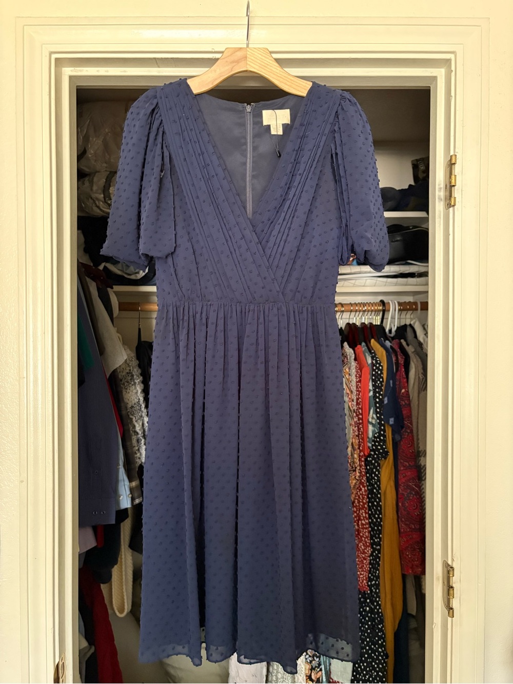 J. Crew Navy Swiss Dot V-Neck Puff Sleeve Midi Dress
